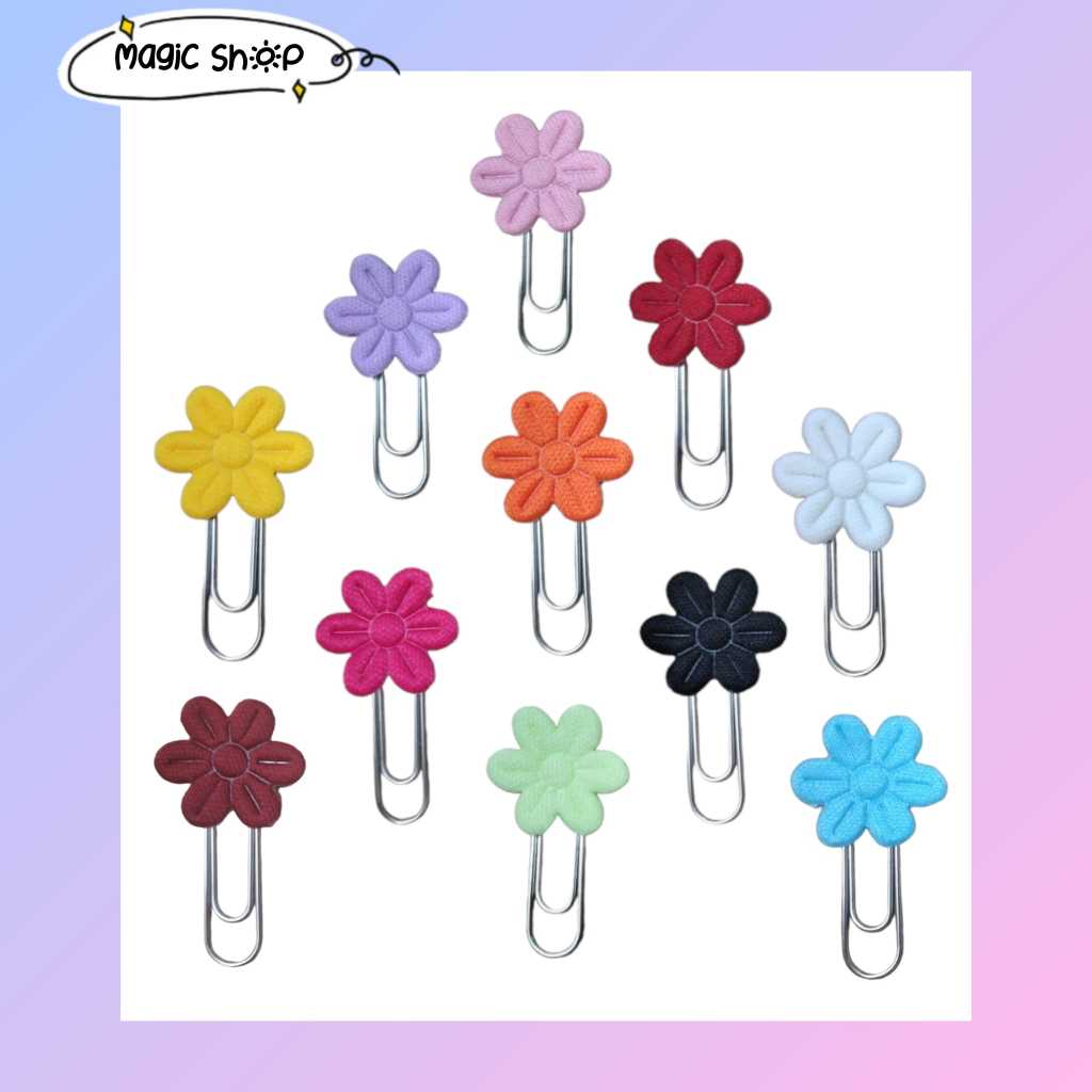 Kit com 7 clips enfeitados com florzinha/Prata/Caderno/Agenda/Livros/anotações/ Clips de papel prata 28mm n°2/0/Promoção