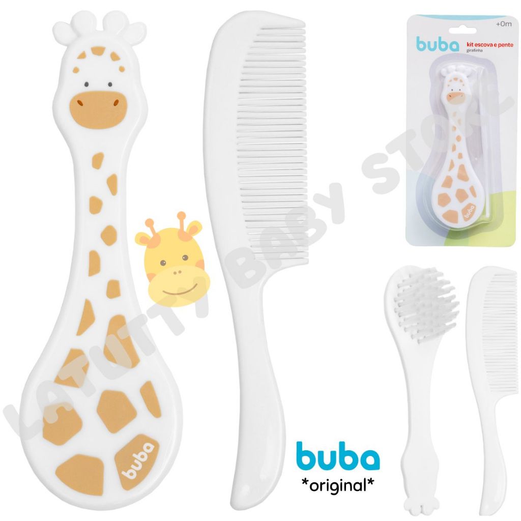 Kit Pente e Escova Cerdas Macias Buba Bebê Recém Nascido Infantil Branco Girafinha