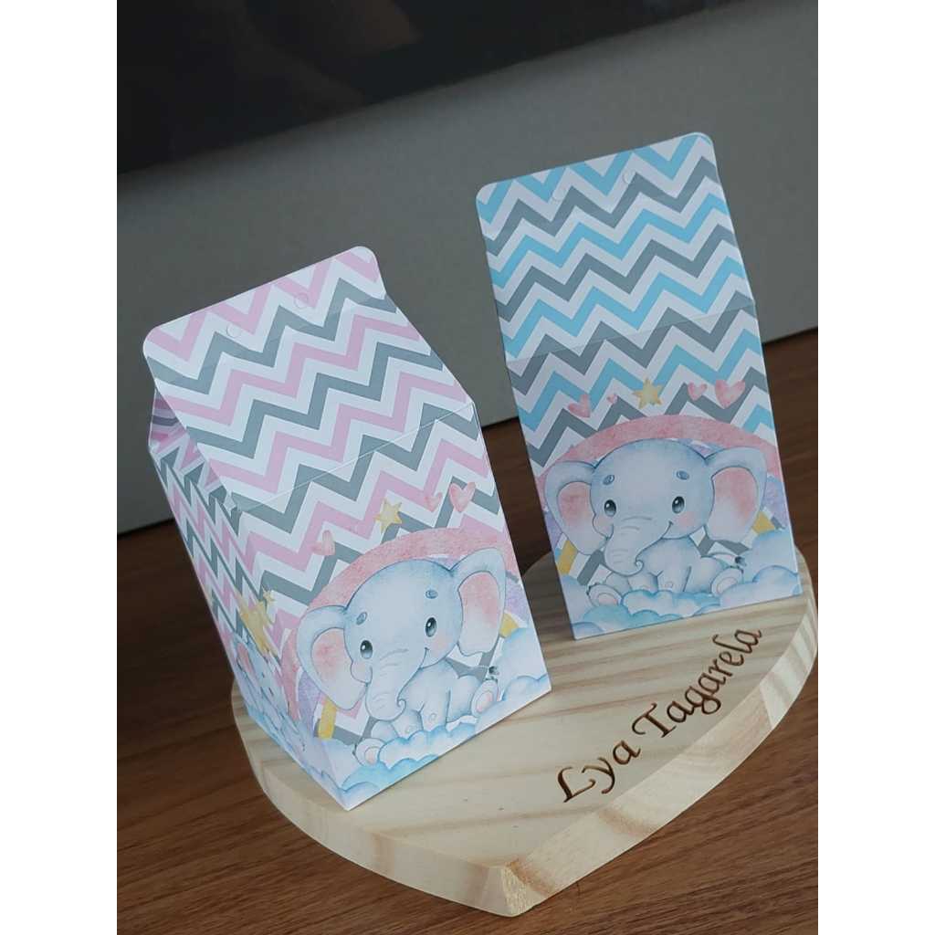 Caixas Milk Ursinho e Elefantinho Chevron Chá de Bebê, Chá Revelação Modelo Exclusivo(Pegue e Monte)
