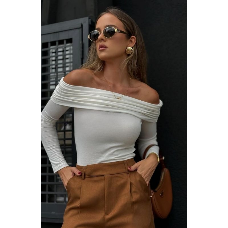 Blusa ombro a ombro ciganinha manga comprida básica moda gringa Thalita