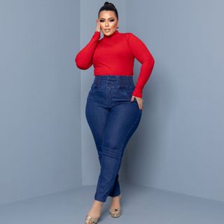 calça jeans plus size feminina skinny cintura alta elástico modeladora com lycra premium em Oferta na Shopee