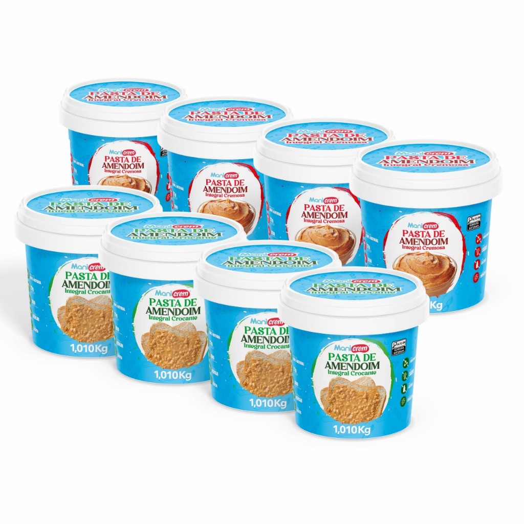 Kit 08x Manicrem Pasta De Amendoim Cremosa e Crocante 100% Amendoim - 1,010kg