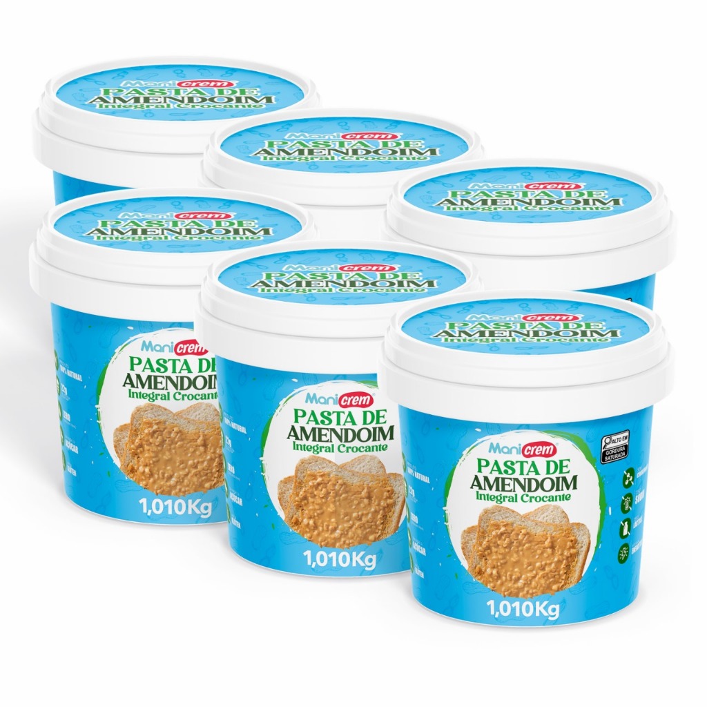 Kit 06x Manicrem Pasta De Amendoim Crocante 100% Amendoim - 1,010Kg