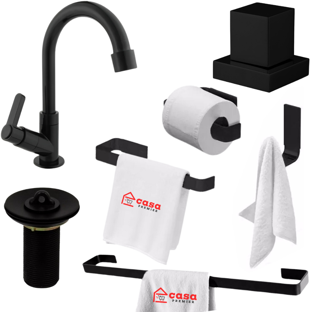 Kit Acessórios Banheiro Luxo Todo Preto Fosco + Acabamento Quadrado Metal + Válvula + Torneira Abs
