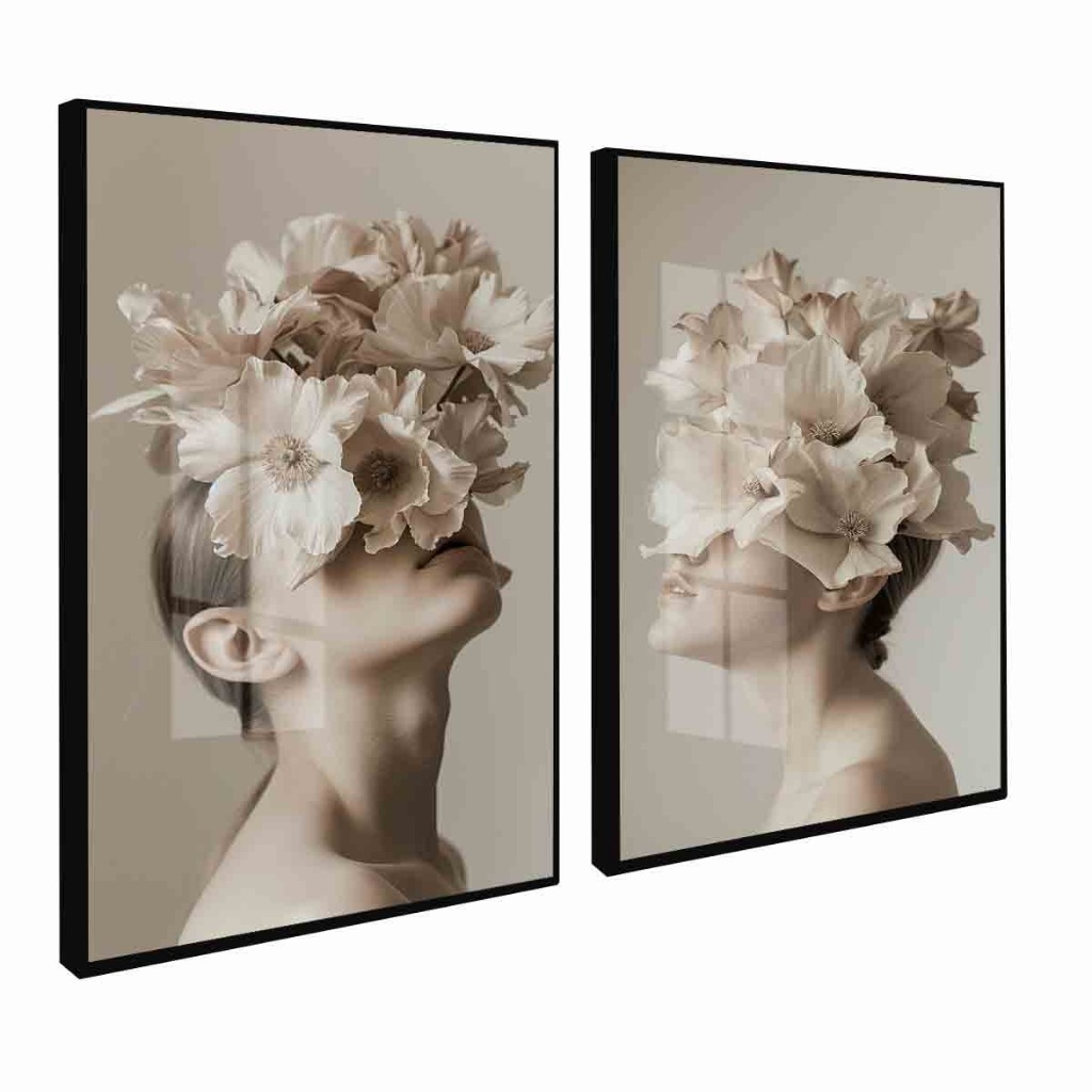 Kit 2 Quadros Decorativos  Mulheres Flores Boho Tons Neutro Moldura e Vidro Sala Quarto