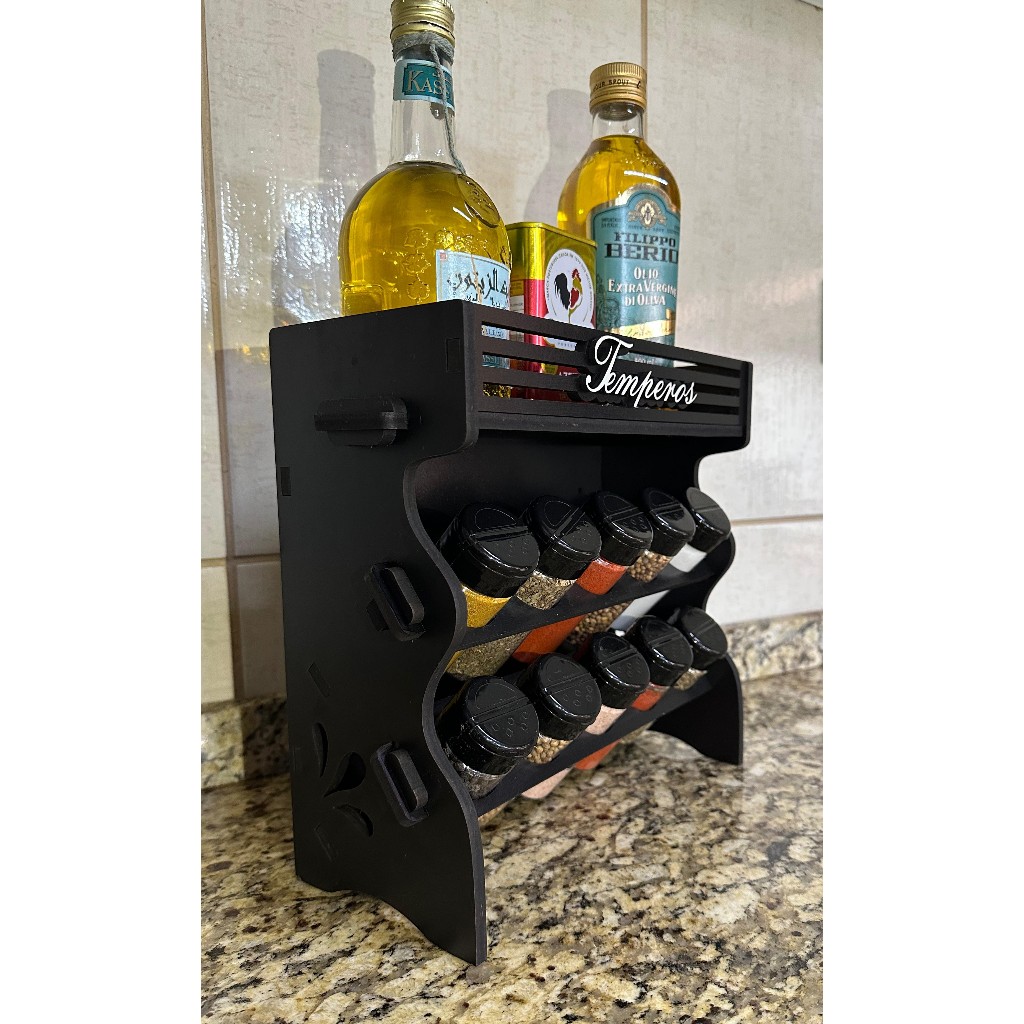 Porta Temperos/Condimentos Cozinha Madeira MDF kit 10 potes c/ Tampa Dosadora + Suporte + Adesivos