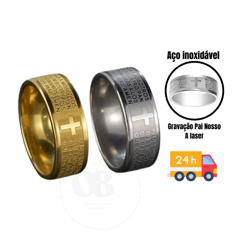 Anel aço inoxidável Pai Nosso aliança inox 8 mm largura grossa feminino masculino aneu aço 316L  prata dourado oração religioso cruz anel grosso