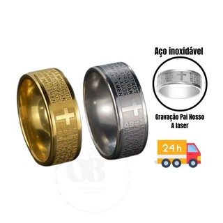 Anel aço inoxidável Pai Nosso aliança inox 8 mm largura grossa feminino masculino aneu aço 316L  prata dourado oração religioso cruz anel grosso