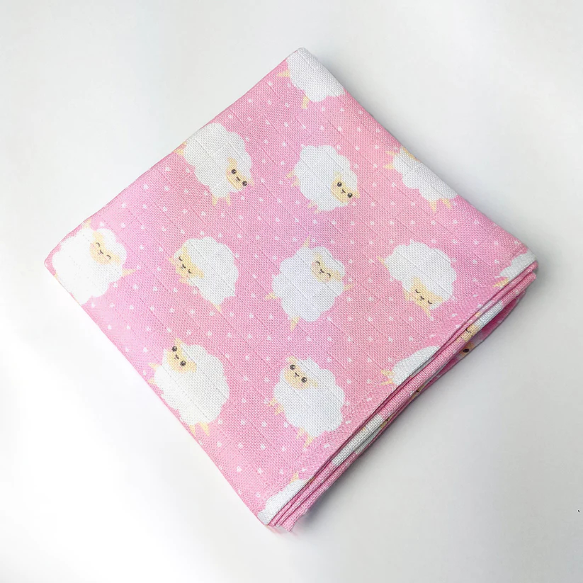 Kit 2 Pano De Boca Fraldinha Ovelha Rosa Luxo Estampada 36x36cm Comum 100% Algodão - Mini Boo