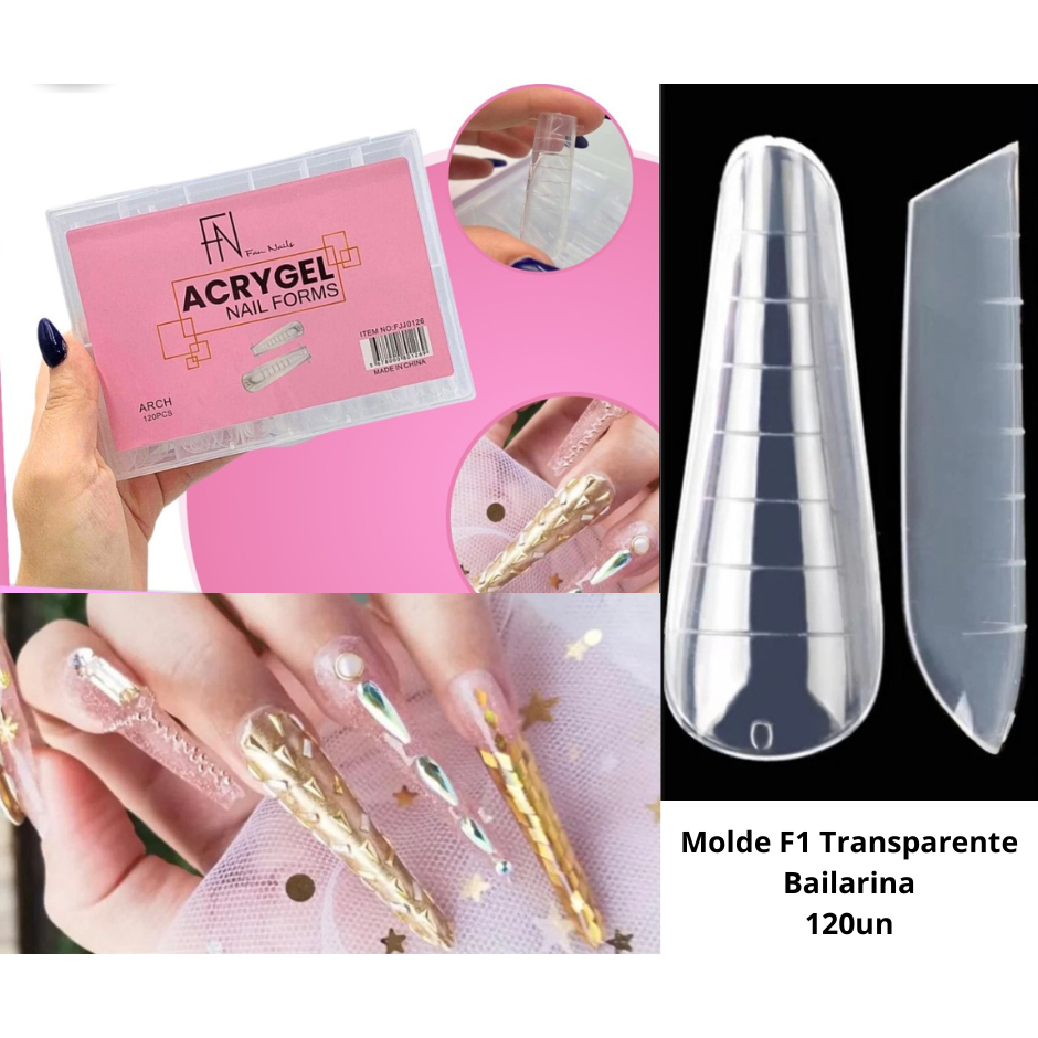 Molde F1 Transparente Bailarina Unhas de Gel acrigel Polygel Porcelana 120 Unidades lançamento fan nails 2024