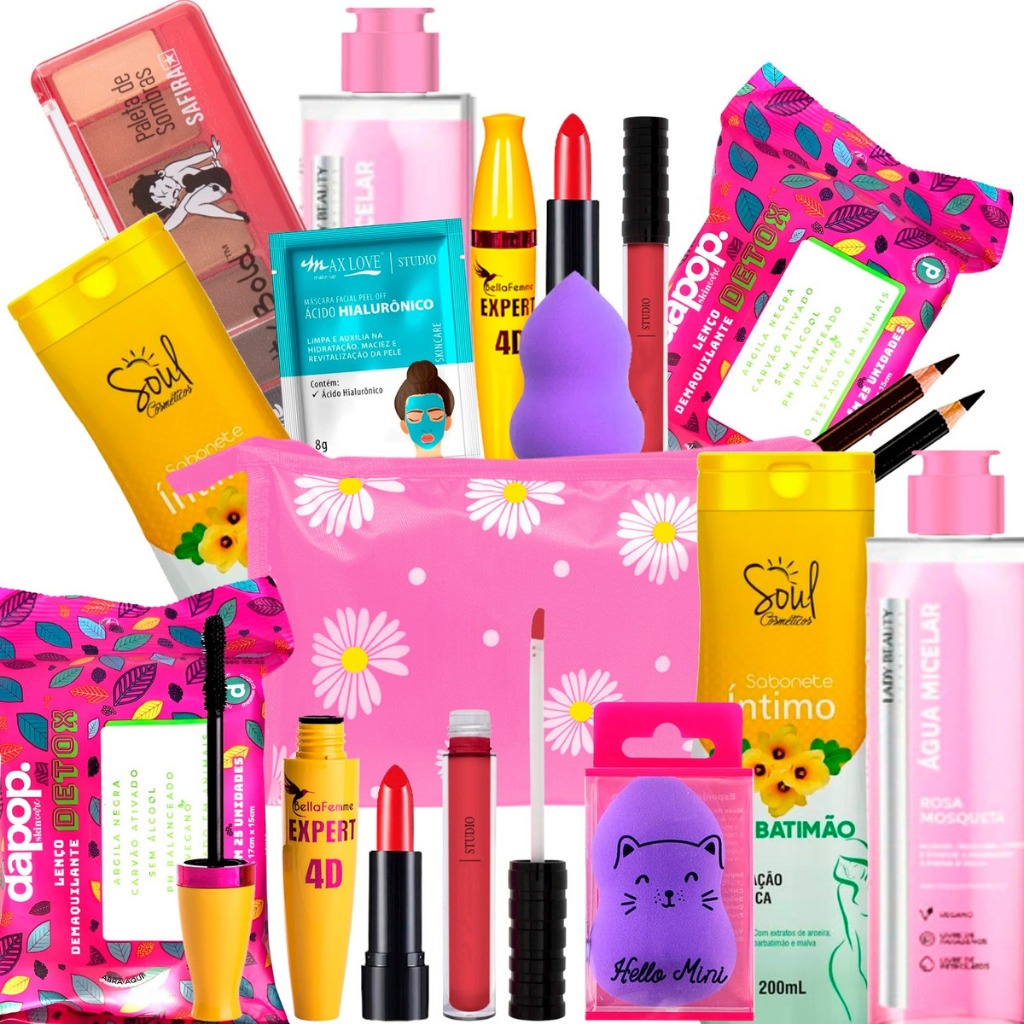 Kit de Maquiagem Batom Rimel Agua Micelar Necessaire Sortida