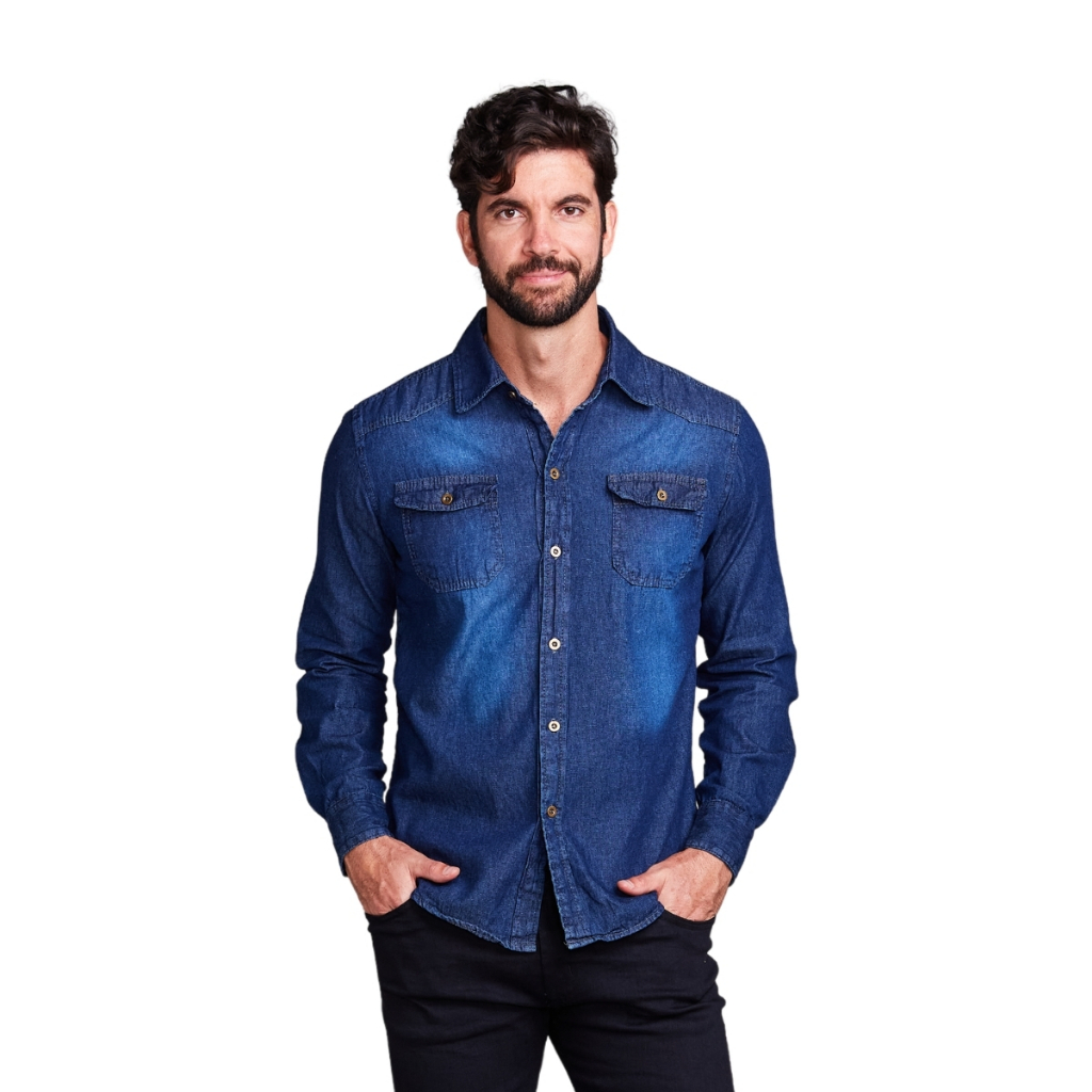 Camisa Social Manga Longa Jeans Masculina