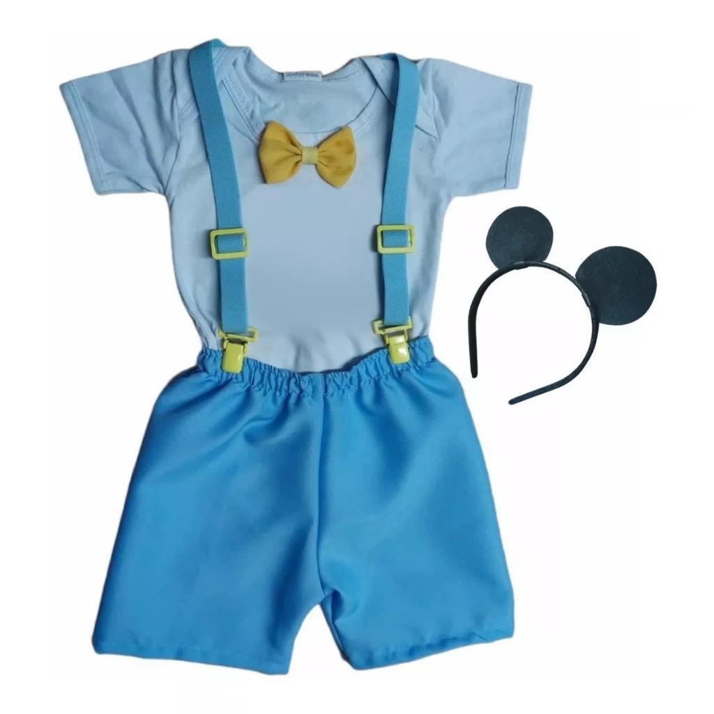 Conjunto Infantil Temático Bebê Menino Baby Mickey Roupa Festa Aniversário, Body, Short, Suspensório e Orelhinhas