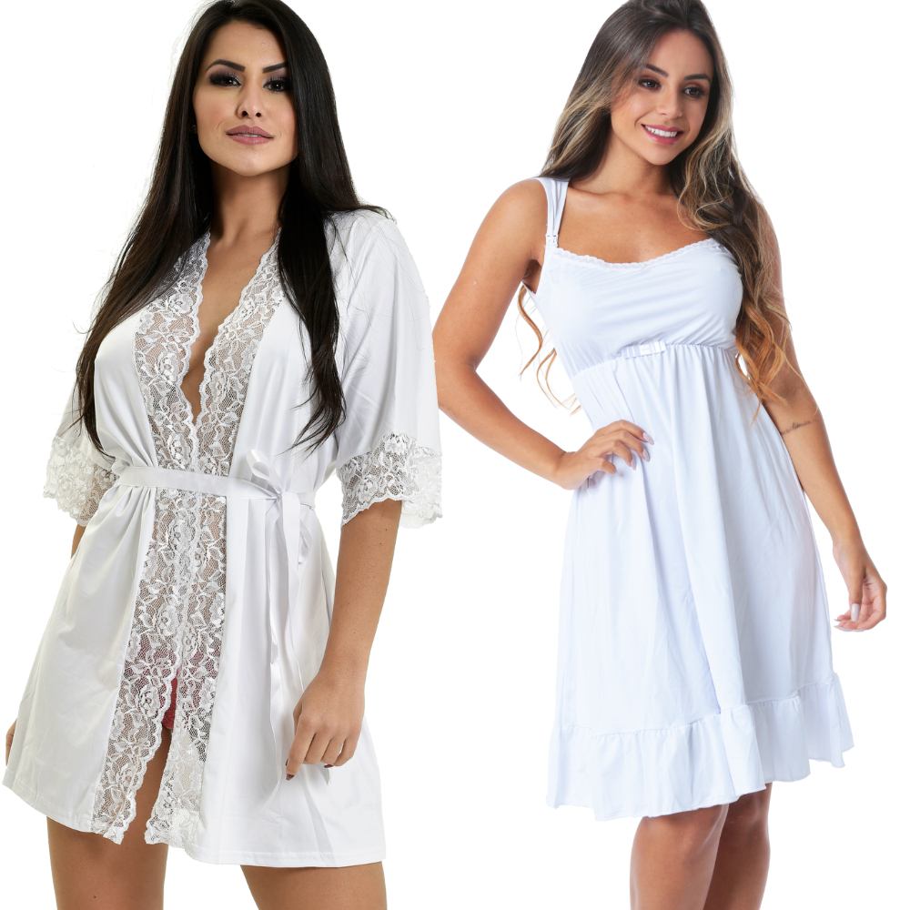Kit Amamentação Camisola Com Robe Luxo Gestante Abertura