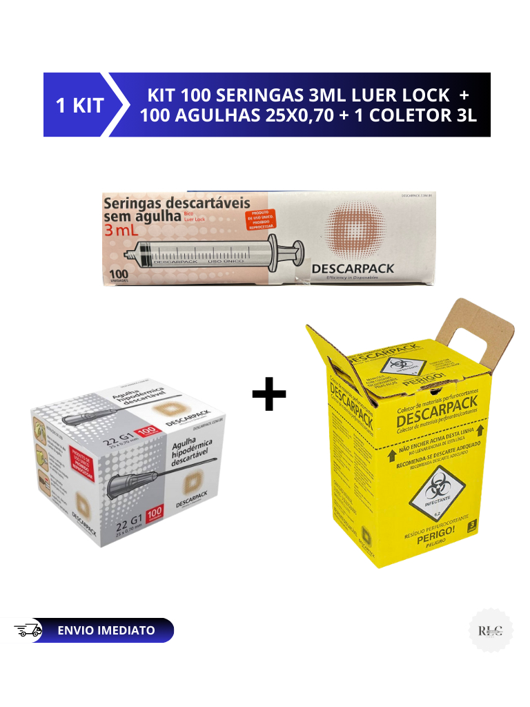 Kit 100 Seringas 3ml Luer Lock + 100 Agulhas 25x0,70mm + Caixa Coletora 3L Descarpack **ENTREGA IMEDIATA**