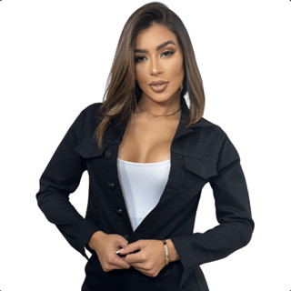 Jaqueta Preta Feminina Jeans Curta Cropped Blogueira Barra Desfiada