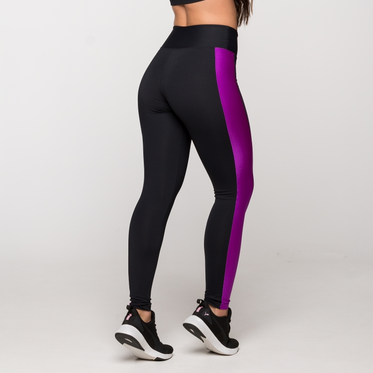 Calça Legging Fitness Feminina Academia Poliamida Preta com Detalhe Roxo Havaí · foto 2