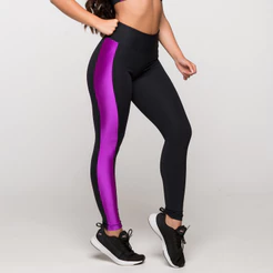 Calça Legging Fitness Feminina Academia Poliamida Preta com Detalhe Roxo Havaí
