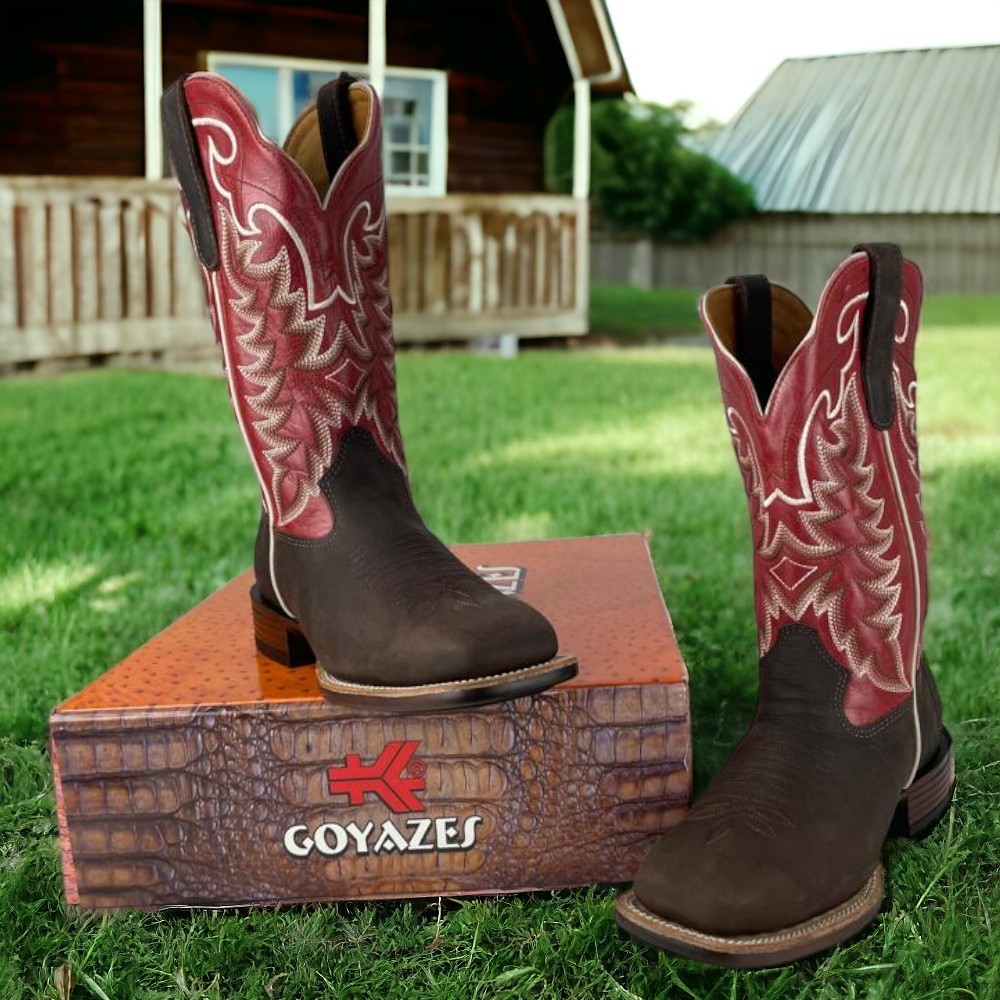 Bota Texana Masculina Goyazes Couro Dallas Café Waco Cardial Bico Quadrado Power Resistente e Confortável Para Rodeio