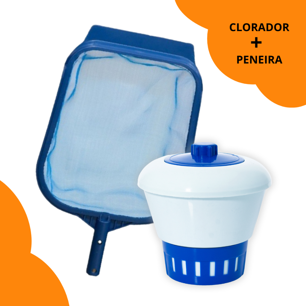 Kit Clorador Flutuante Para Pastilhas De Cloro + Peneira Plástica Grande Piscina Spa