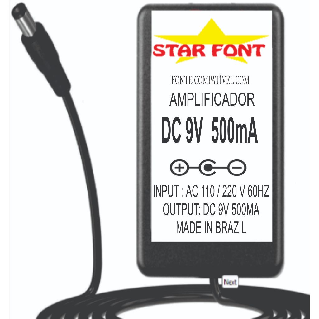 Fonte DC 9v 0.5A Para Amplificador de Guitarra Marshall Ms2 Ms4