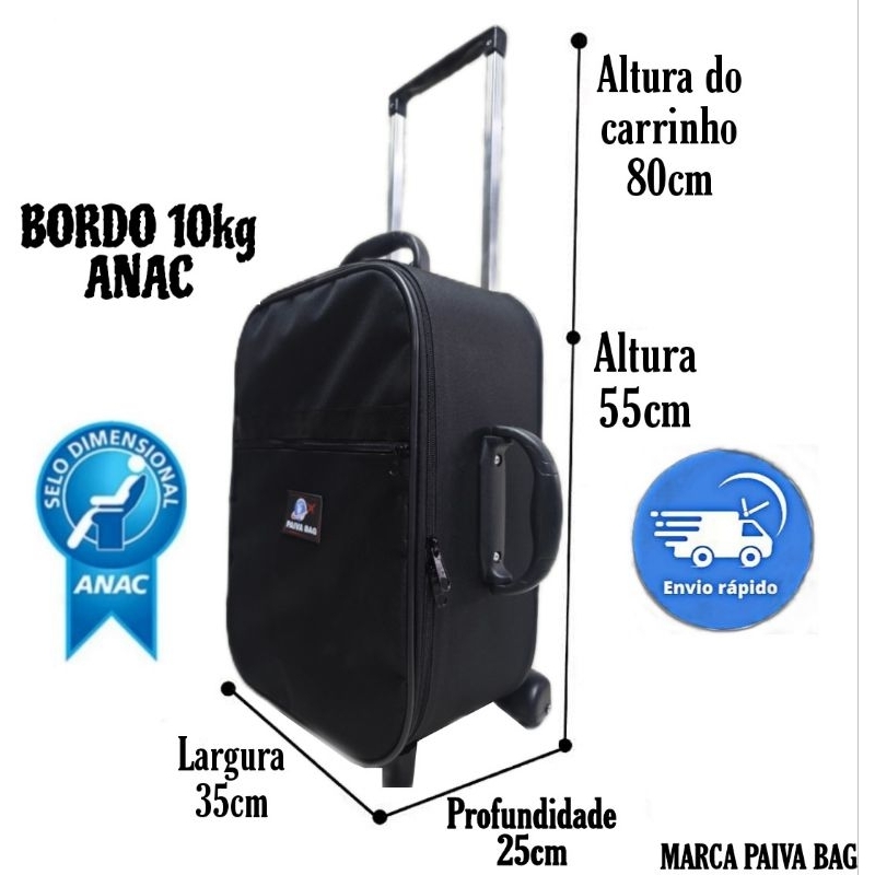MALA DE VIAGEM 10KG BORDO, MEDIDAS APROVADAS PELA ANAC PARA BAGAGEM DE MÃO. MARCA PAIVA BAG