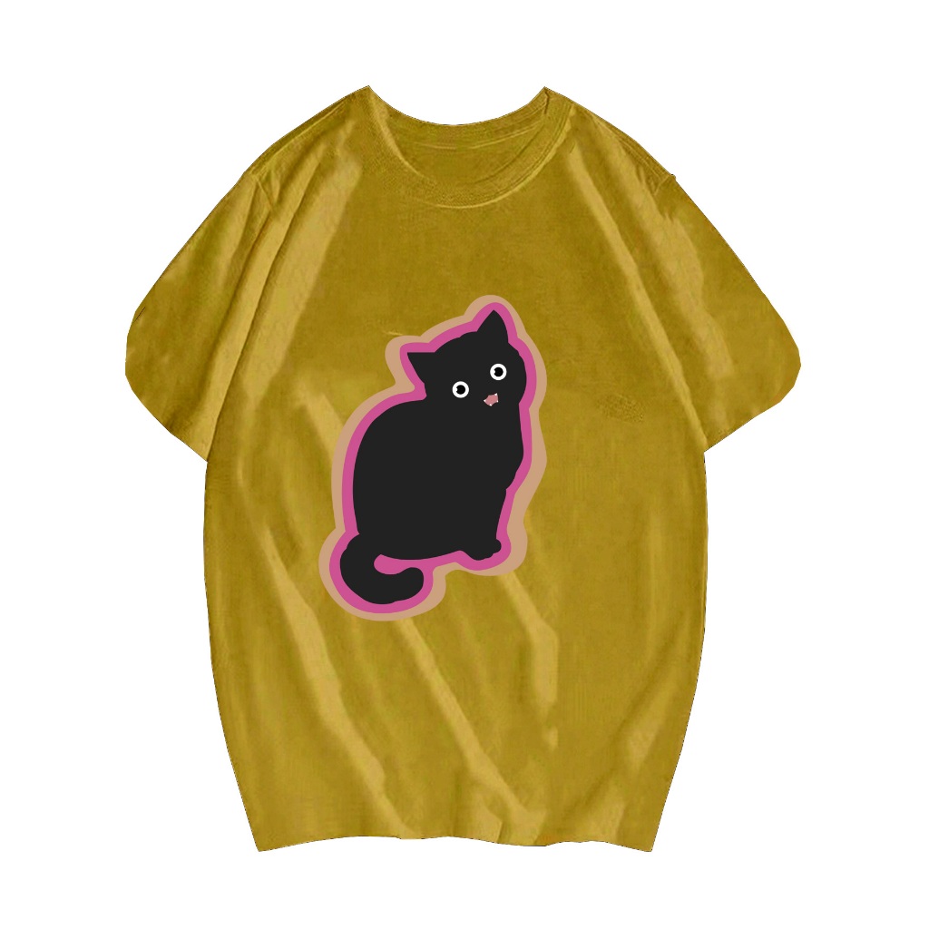 Camiseta Unissex Mostarda Reforço Blusa Fofa Gatinho Preto T Shirt Bordada Frase Confeccionada Tecido 