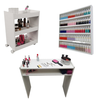 Kit Para Manicure Com Mesa + Prateleira de Esmaltes + Carrinho Auxiliar MDF em Oferta na Shopee