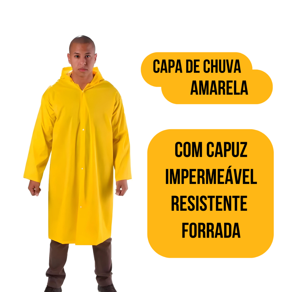 Capa De Chuva Forrada Com Capuz Amarela Resistente