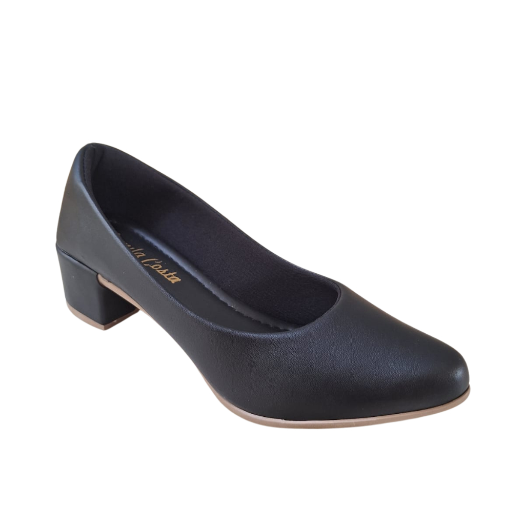 Sapato Social Feminino Scarpin Salto Médio Alto Bloco Bico Fino Confortável Confort  Preto...