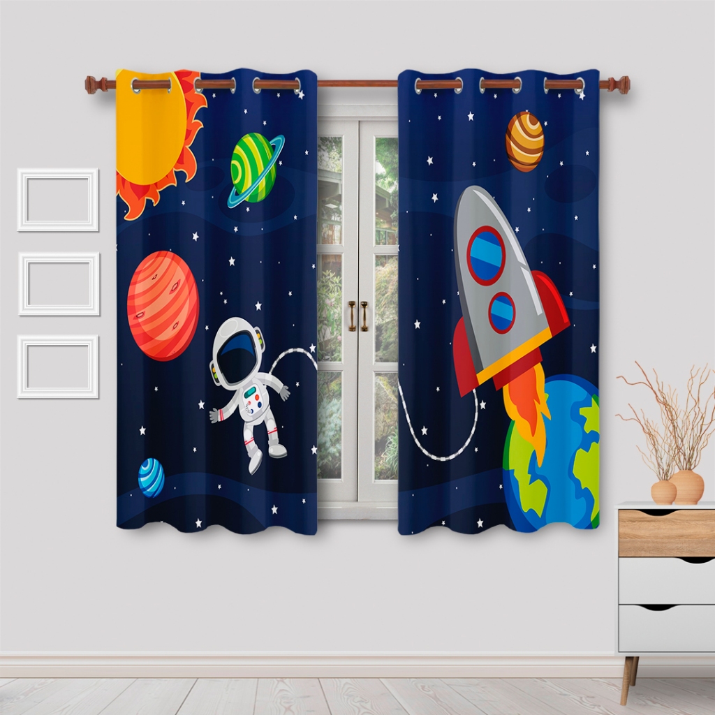 CORTINA INFANTIL ASTRONAUTA PARA CRIANÇA DECORAÇÃO QUARTO DE MENINO QUARTO BEBÊ JANELA