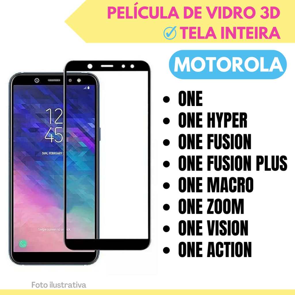 Película de Vidro 3D Para Motorola Moto One / One Hyper / One Macro / One Zoom / One Fusion / One Fusion Plus / One Action / One Vision / Protetor de Tela Inteira