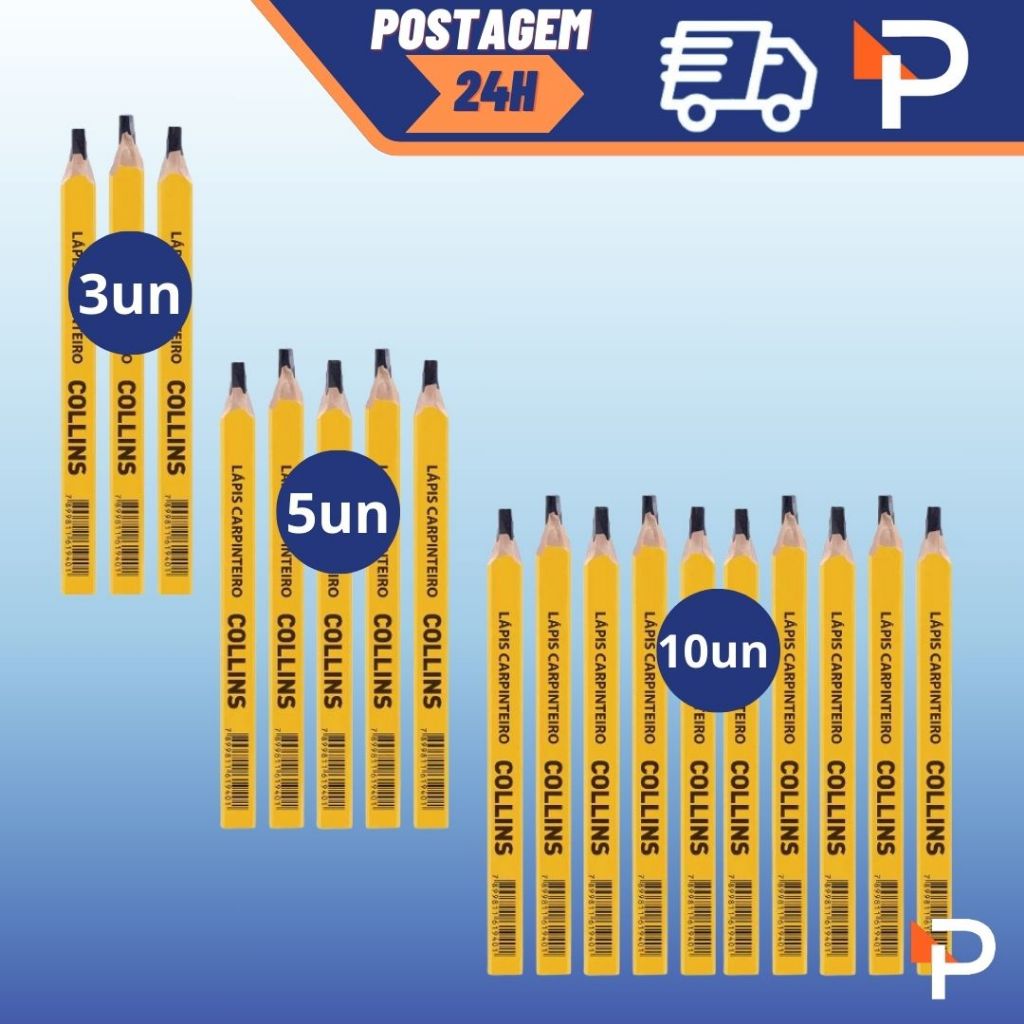 Lápis Carpinteiro e Marceneiro Amarelo Largo Collins 3un 5un ou 10un