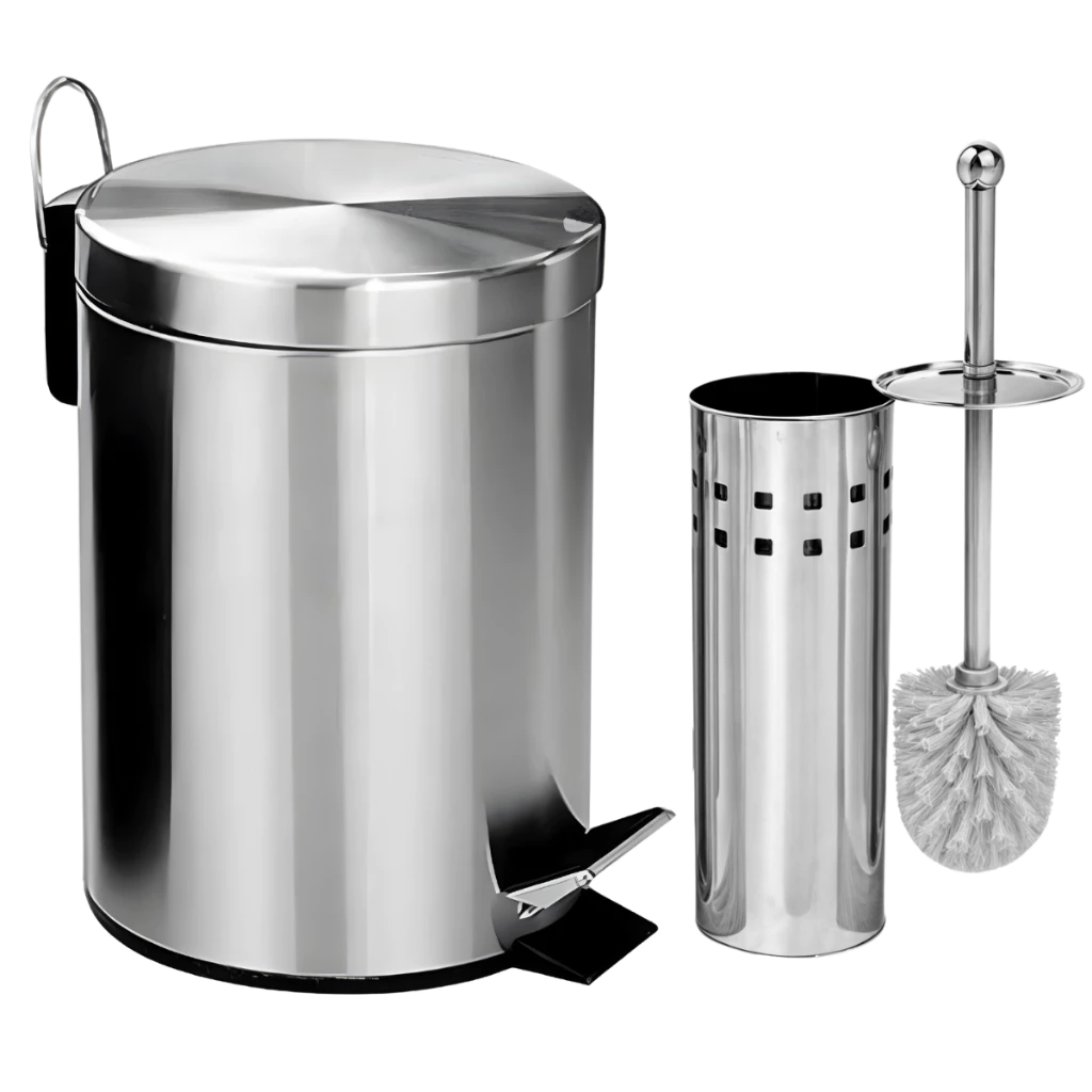 Lixeira Banheiro Inox Pedal Cozinha + Escova Sanitária Inox Com Suporte Ou Opções Avulsos — imagem 1