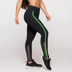 Calça Legging Fitness Feminina Academia Poliamida Preta com Detalhe Verde Roma