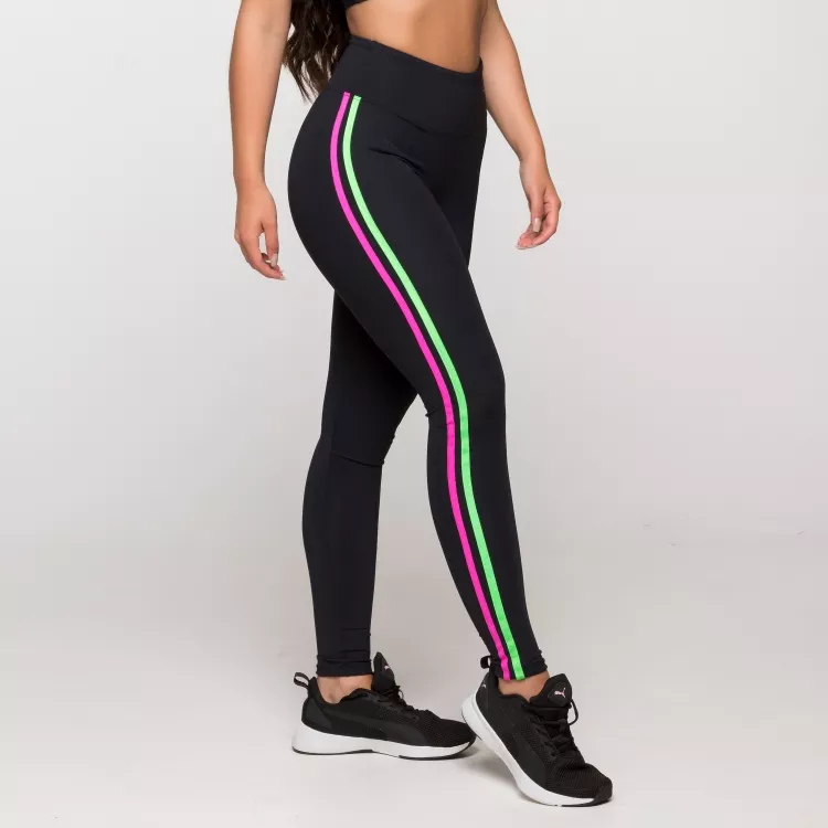 Calça Legging Fitness Feminina Academia Poliamida Preta com Detalhe Verde e Rosa Berlim em Oferta na Shopee