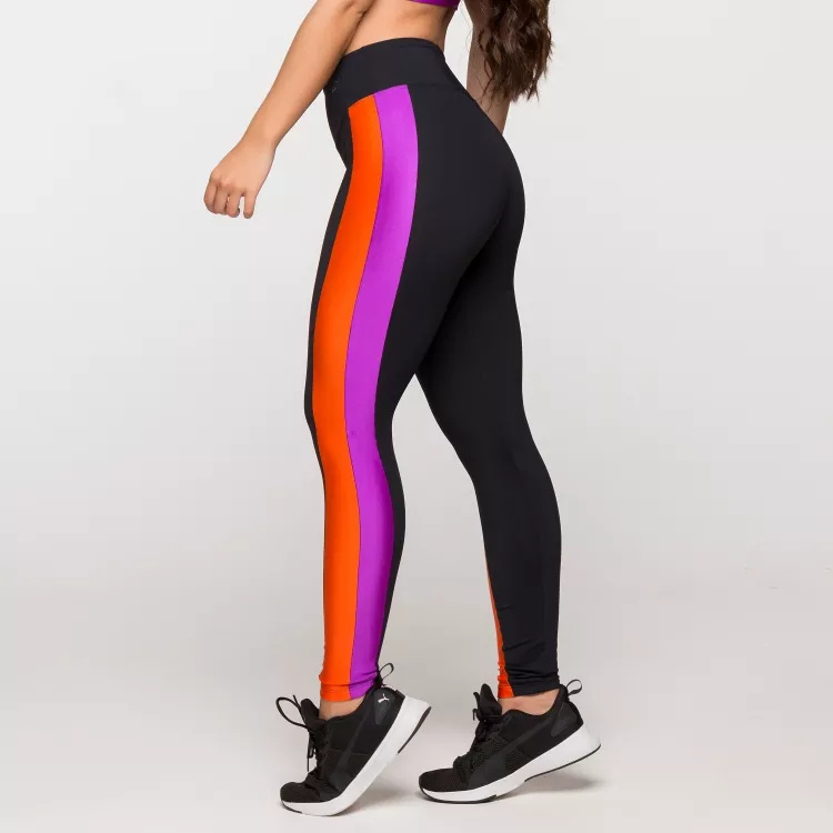 Calça Legging Fitness Feminina Academia Poliamida Preta com Detalhe Roxo e Laranja Paris em Oferta na Shopee