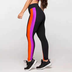 Calça Legging Fitness Feminina Academia Poliamida Preta com Detalhe Roxo e Laranja Paris