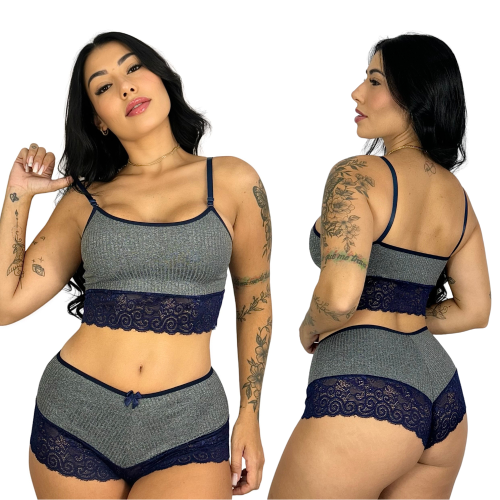 Baby doll Feminino canelado cropped com renda short doll confortável .