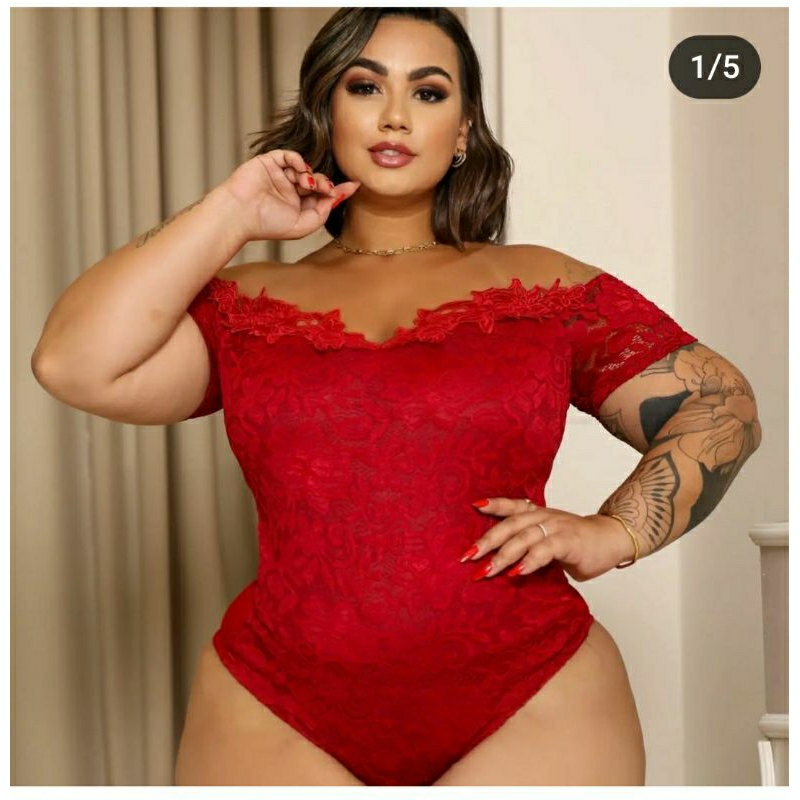 body plus size de renda ombro de tule em Oferta na Shopee