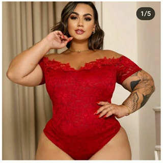 body plus size de renda ombro de tule em Oferta na Shopee