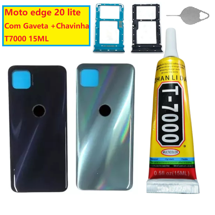 kits 4pcs Tampa Traseira + Gaveta + Chavinha De Remover Chip + Cola T7000 15 ml Para Moto Edge 20 Lite Xt2139