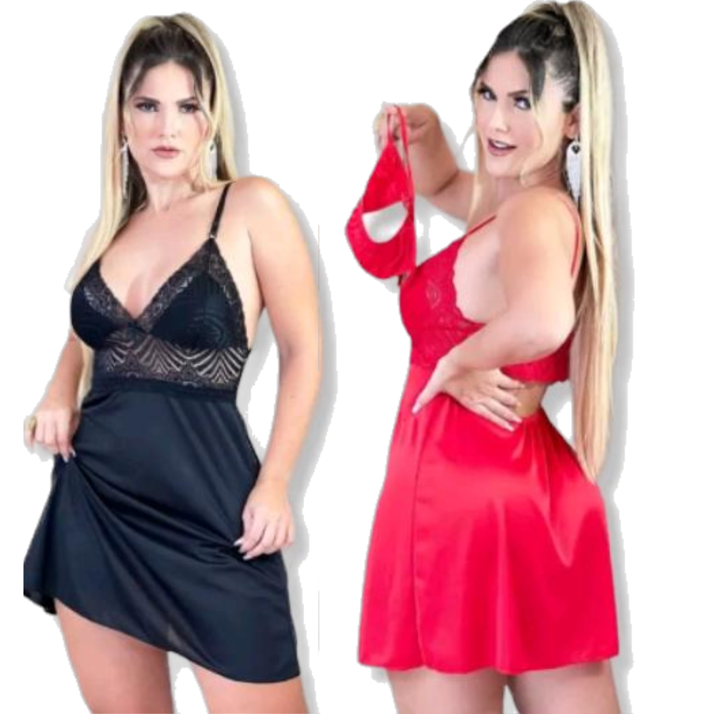 Kit 2 Camisolas Sexy Renda Pijama Com calcinha Fio Camisola Baby Doll