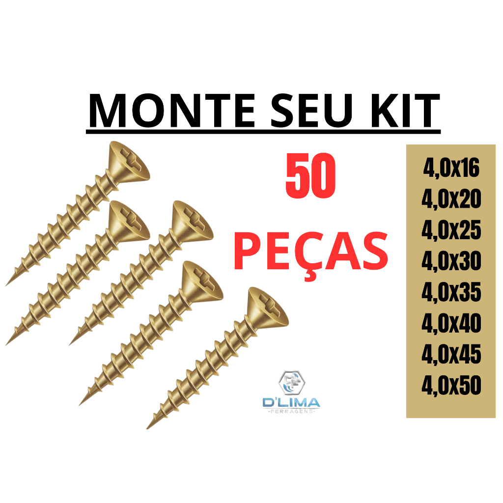 Monte Seu Kit Parafuso Para Madeira Chip Philips 4,0 de Espessura - 50Peças