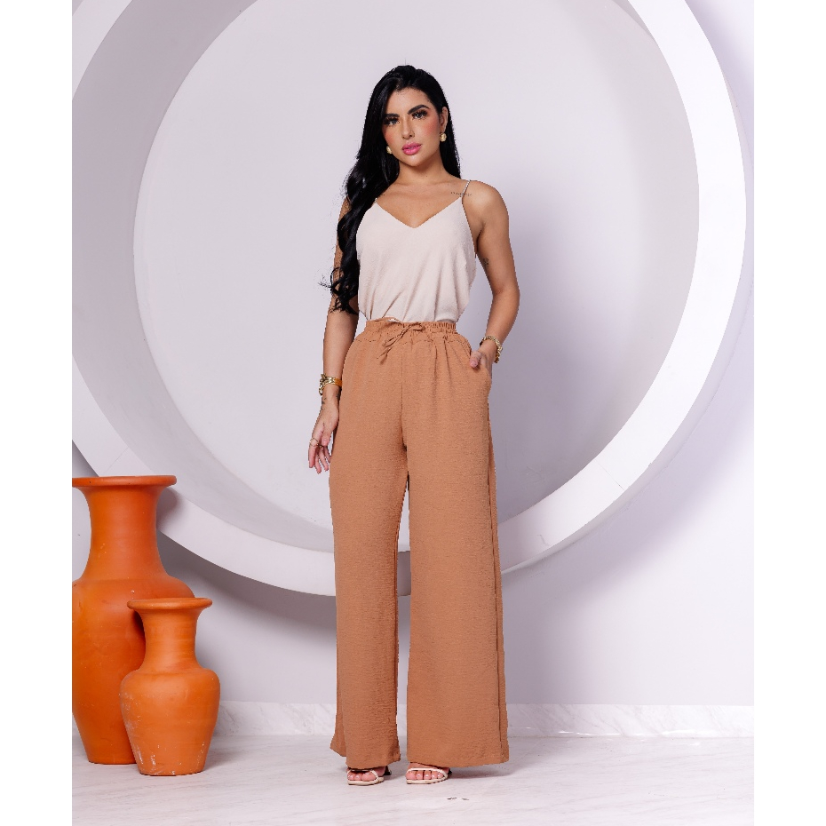 Calça Flar Pantalona Sem Fenda Lateral Fechada Tecido Viscolinho