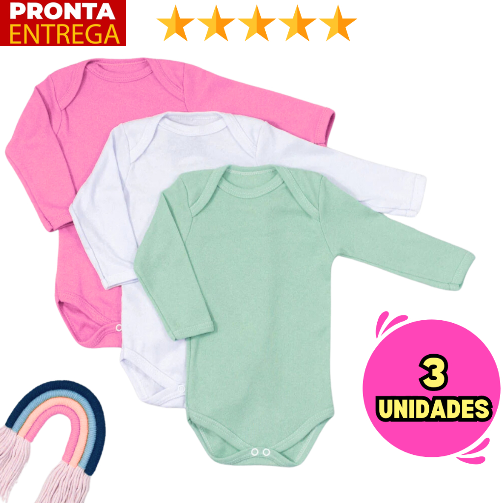 Kit 3 Body Bebê Manga Longa Infantil Cor Lisa em Oferta na Shopee