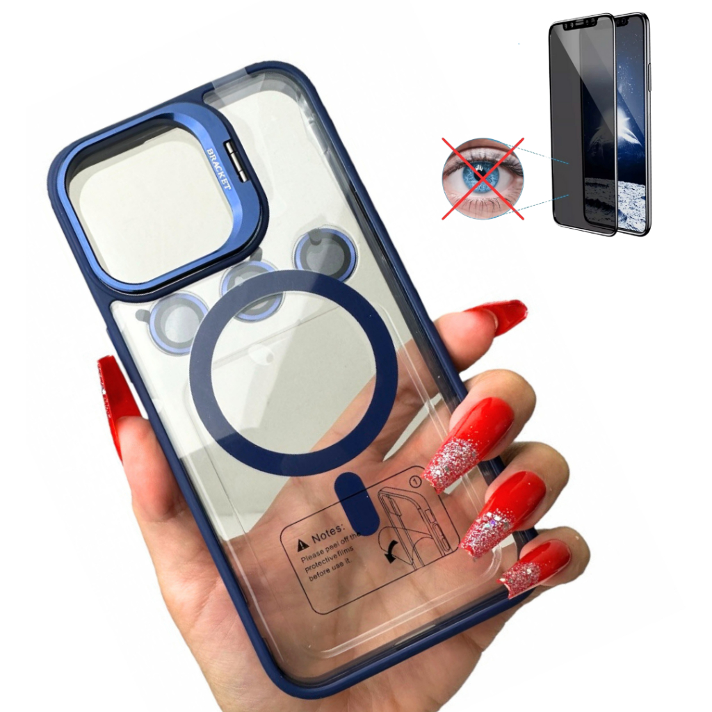 Capinha Capa Premium CASE COM MAGSAFE PELICULA DA PRIVACIDADE Com Tampa Suporte Oca na Câmera e Kit de Lente Proteção de Câmera iPhone 11 12 13 14 15 Pro Max Plus ProMax Mais Resistente De Alta Qualidade Com Revestimento de Silicone Reforçado Acrílico