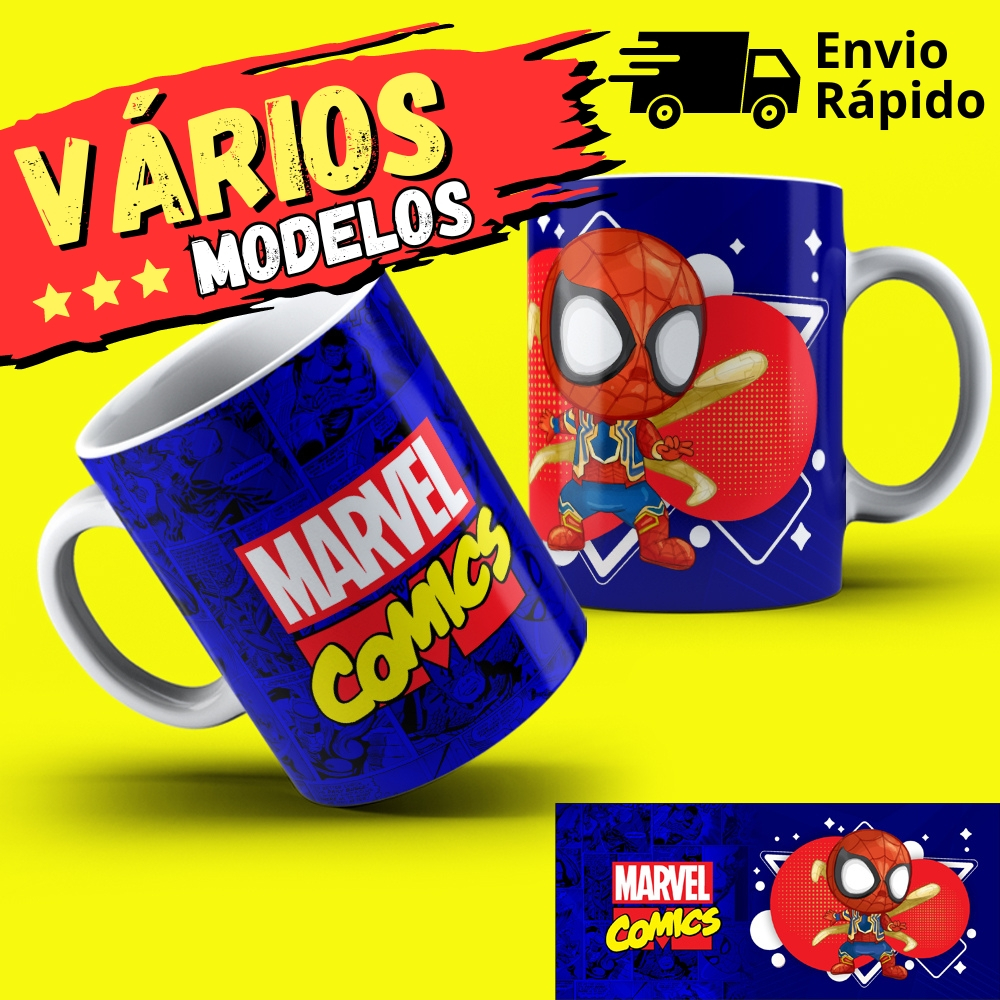 Caneca Vingadores Chibi Avengers Chibi 17 Modelos Homem Aranha, Homem de Ferro, Hulk, Thor