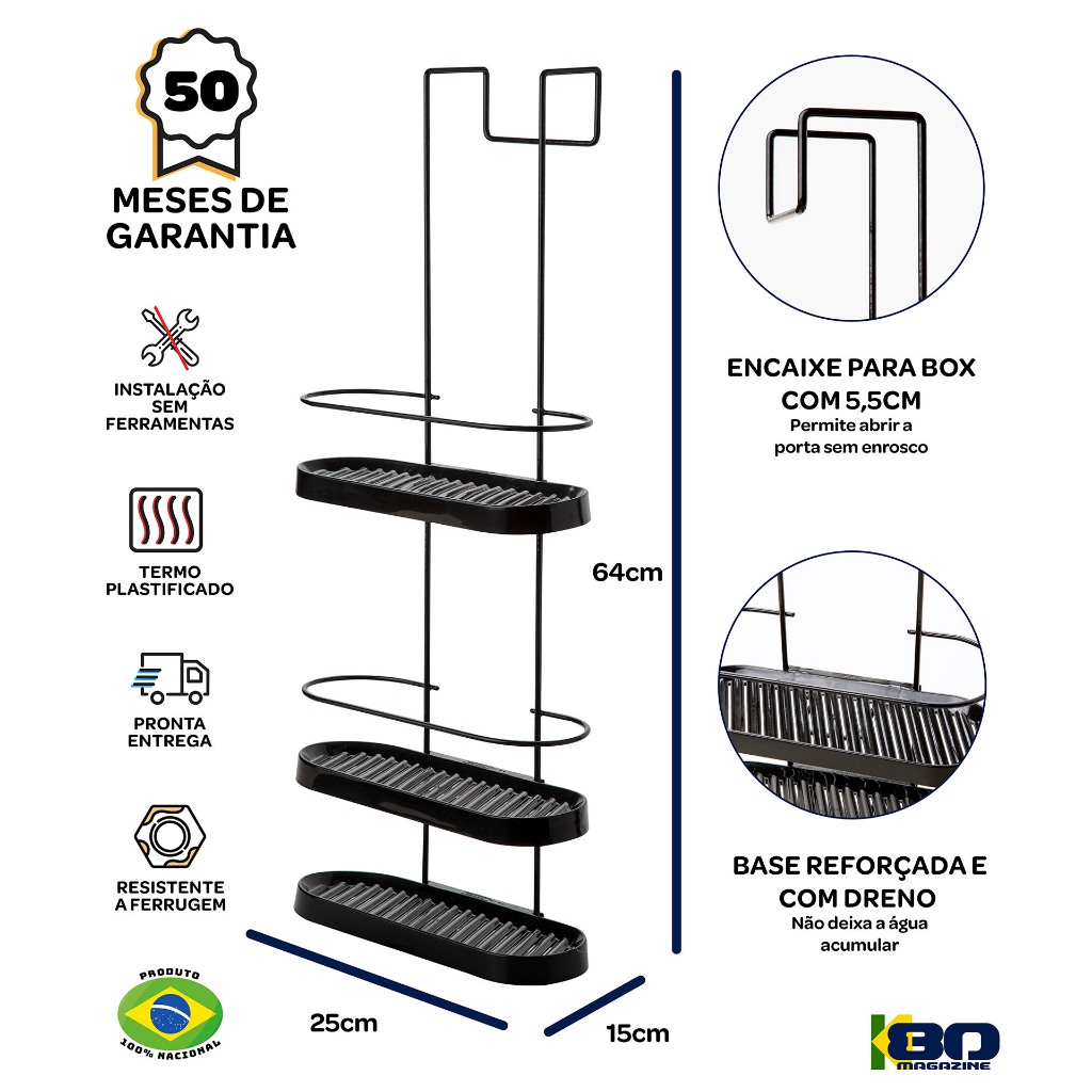 Suporte Porta Shampoo 3 Andares Encaixe Box Banheiro Não Enferruja Preto