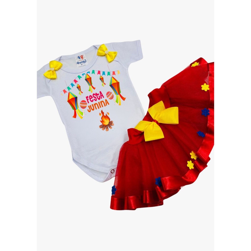 Conjunto Tutu Bebê Menina Mesversário Festa Junina Roupa Infantil Arraial Aniversário Temático Body E Saia